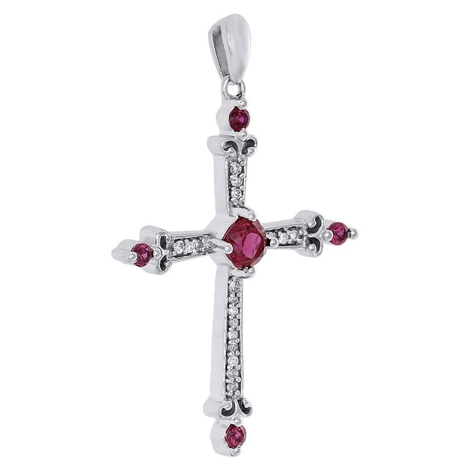 Colgante Cruz Broteada de Diamantes y Rubí Rojo Creado en Laboratorio 10K Chapado en Oro Blanco 18" Foto 3 de 4