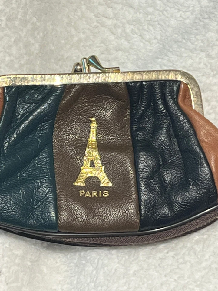 Vtg Pouch Leather Posh Paris Patchwork Coin Purse Double Kisslock Bottom Zipper - Image 2 of 4