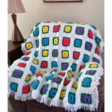 Granny Square Crochet Afghan 60 x 55 Bed Couch Throw 3D Floral Rose Handmade