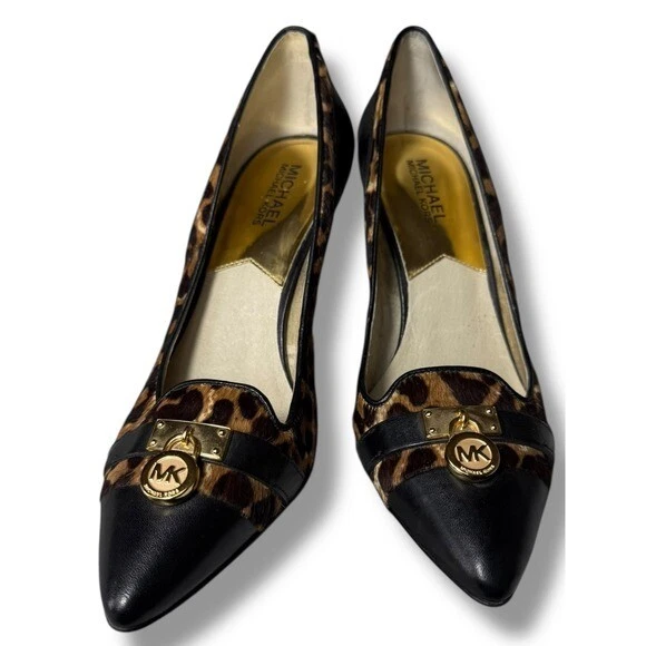 Scarpe décolleté Michael Kors leopardate stampa animalier tacco nero bordo pelle taglia 8M pelo di vitello