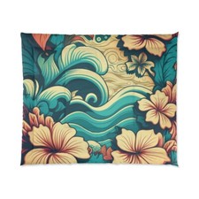 King Size Comforter Hawaiian Tropical Surf Beach Home Decor Floral Aloha Waves