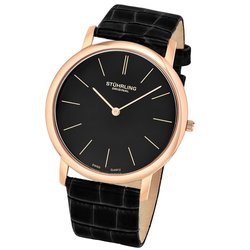 Stuhrling Men's Swiss Quartz Ultra Thin Rose Tone Black Leather Strap Watch - Picture 2 of 6