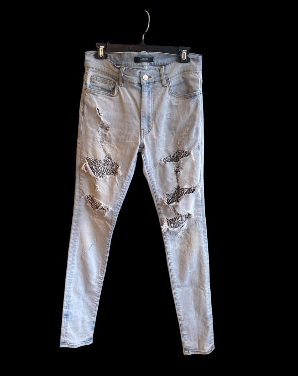 1629) Amiri Jeans Denim Skinny Jeans Distressed Zebra Print Size