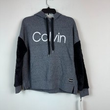 Calvin Klein Womens S Gray Black Fuzzy Sleeves Hoodie Jacket NWT CU73