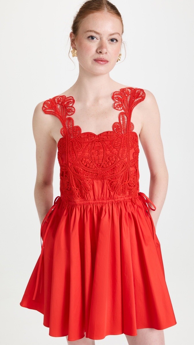 NWT Self Portrait Red Macrame Lace Mini Dress Organic Cotton Women's Size 4  | eBay