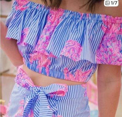 Lilly Pulitzer Larissa Off the Shoulder Crop Top In Blue Peri Rum Swizzle NWOT 2