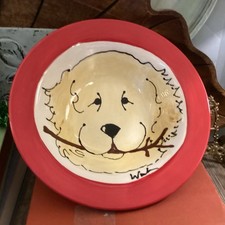 Katherine Washburn Bowl Yellow Lab Golden Retriever Red Signed 8.5” Dog Puppy