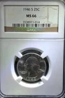 1946‑S 25C Washington Quarter NGC Certified MS‑66 Choice Unc. 90% Silver Coin