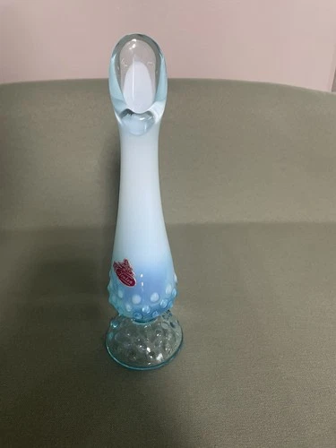 Vintage Blue Opalescent Hobnail Bud Vase Swung Blue Fenton Glass