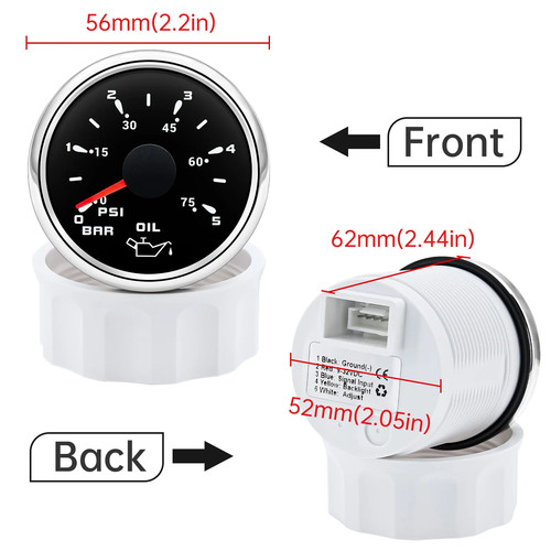 52mm Auto KFZ Öldruckanzeige Anzeige 0-5 Bar 0-75PSI Meter für Marine Boot - Bild 4 von 22