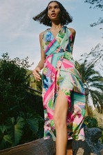 NWT ZARA size M SATIN Tropical Floral Abstract Print MIDI DRESS Wedding Guest