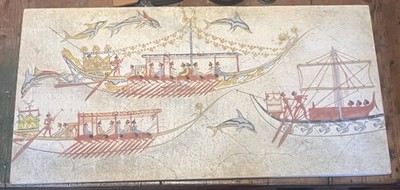 Vintage Italian Fresco Painting Gesso On Wood  Santorini Naval Expedition