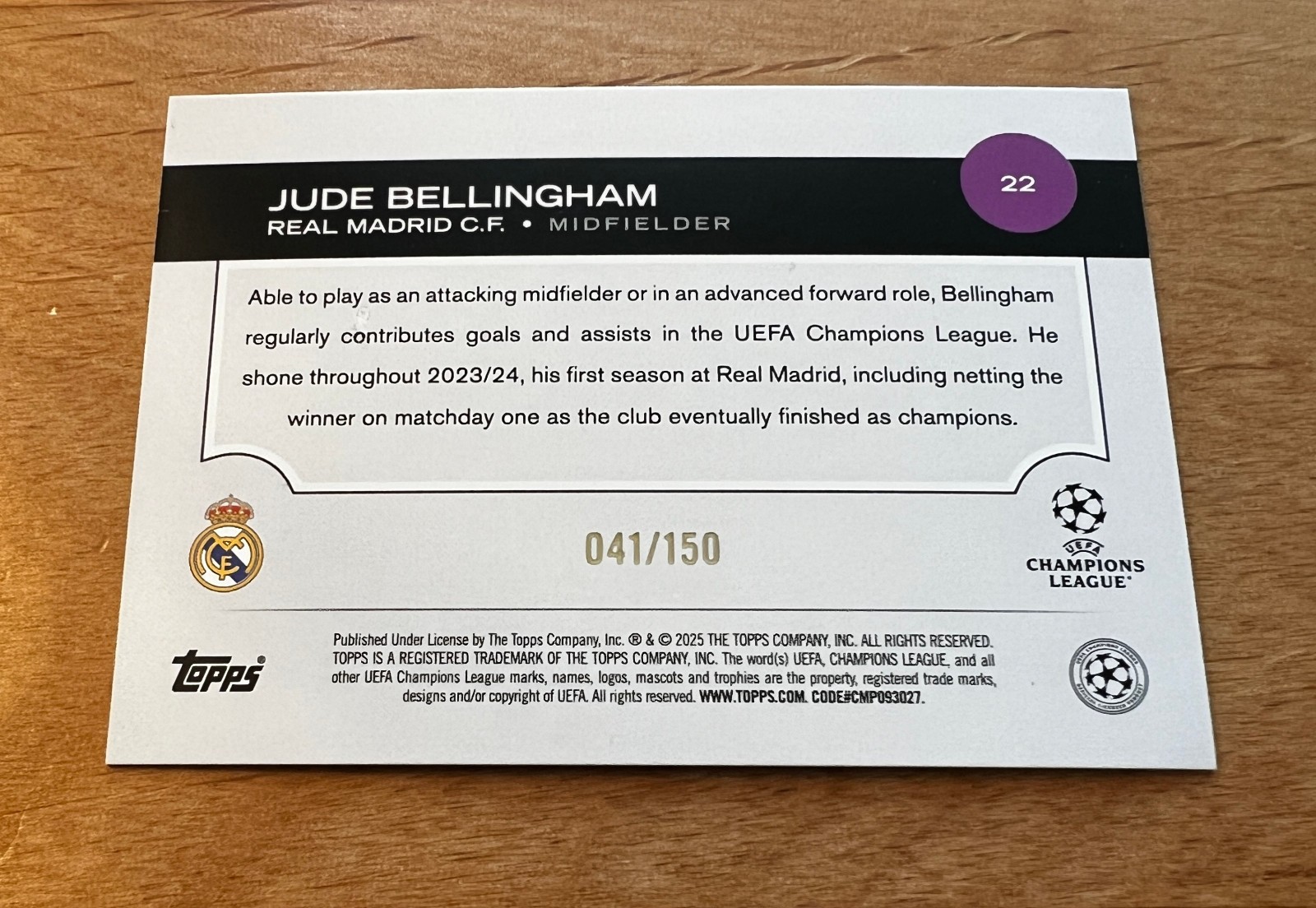 Jude Bellingham 2024-25 Topps UEFA Club Competitions #22 Icy Black & White /150 view 9