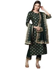 GoSriKi Women's Cotton Straight Kurta with Pant & Dupatta (KPTD-COT-10079-GO)