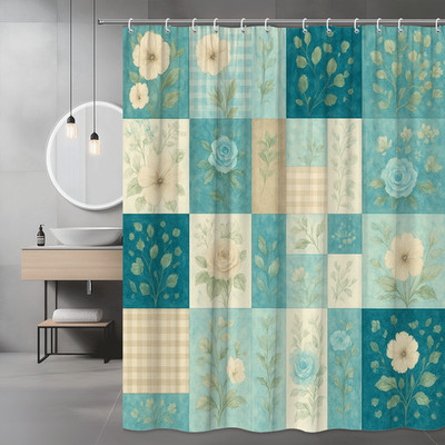 Floral Patchwork Shower Curtain - Blue and Beige Design