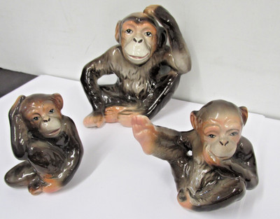 3 VINTAGE MONKEY CHIMPANZEE FIGURINES 4 IN 2 IN HEIGHT PAPER LABEL L AND M JAPAN