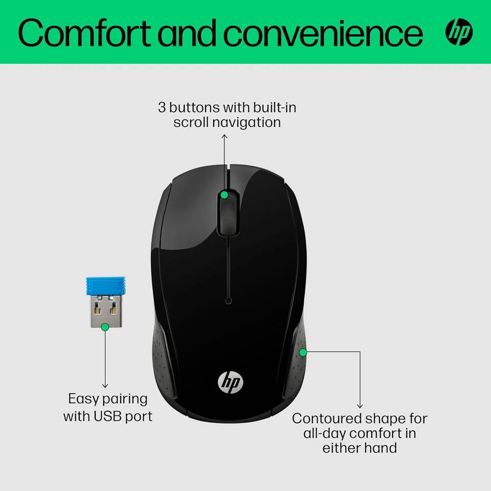 HP 200 Black 2.4 GHz USB Wireless Mouse with Red LED 1000 DPI Optical Sensor, Up - Image 4 of 4