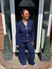 Women's Long Sleeve Co-Ord V Neck Gold Button Textured Waffle 2 Piece Ladies Set