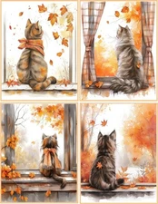 8 Cat Kitten Autumn Fall Window glossy blank fold out Note Card envelopes Set 1