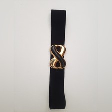 Vintage Women 80s hook and closure stretch gold clasp black strap belt