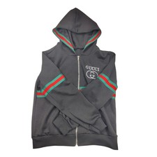 Gucci Tracksuit Mens Medium Black Logo Hooded Zip Jacket Jogger Pants Striped