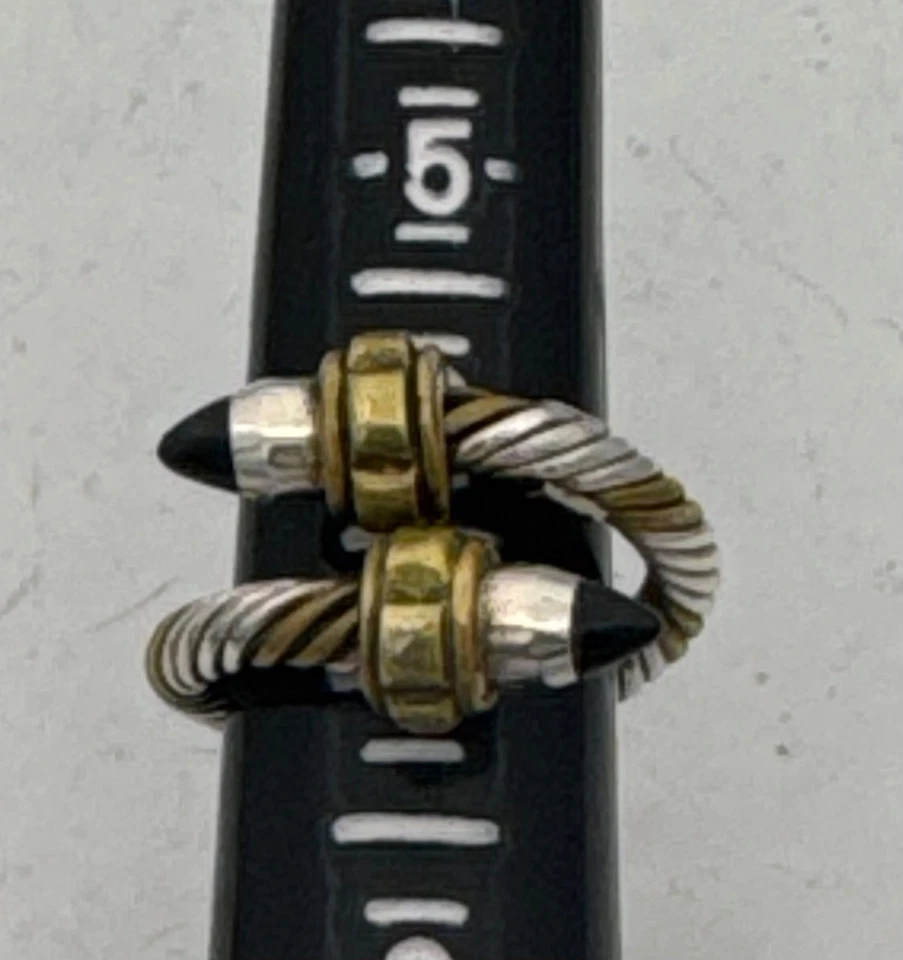 UNIQUE RING TANE Tiffany Mexico Sterling Silver Obsidian Brass Cable Cross Over - Image 2 of 4