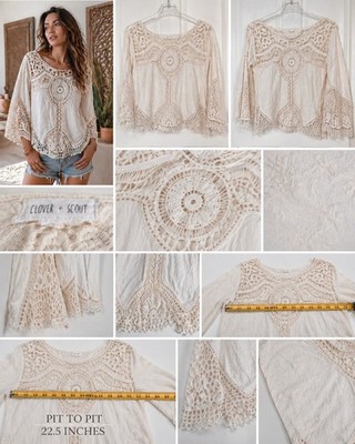 Clover + Scout Boho Crochet Lace Top Ivory Cream Cottagecore Festival...