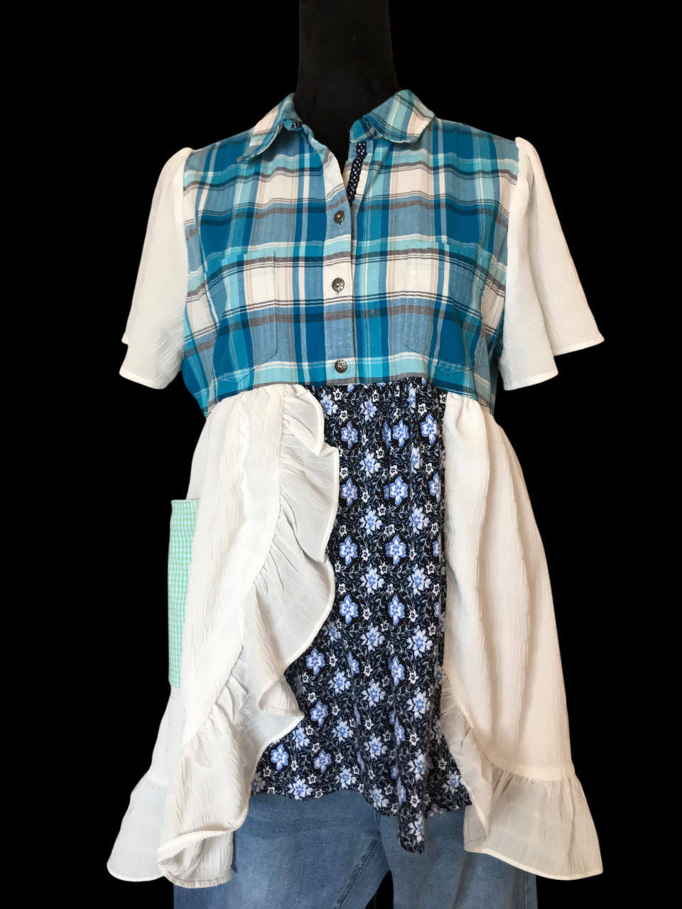 Upcycled Boho Patchwork Tunic, Ruffled Hippie Blo… - image 7