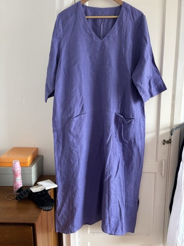 Pure Linen Purple w/ Pockets Dress Size L 16-18 Lagenlook MIDI Oversized Scandi - 第 2/6 張圖片