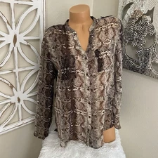 OLIVE & OAK large SHEER SNAKESKIN PRINT LONG SLEEVE BUTTON UP BLOUSE TOP