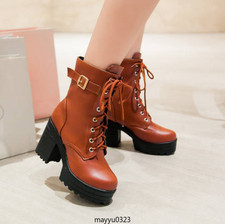 Women's Platform Ankle Boots Lace Up High Chunky Heel Knight Round Toe Shoes Hot