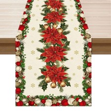 Christmas Poinsettias Leaves Bells Snowflakes Winter Xmas Table Runner Table ...