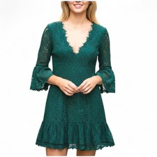 ELIZA J Dress Emerald Green Lace Lined Mini Deep V Neck Party Womens Size 4