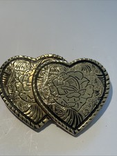 Dual Two Hearts Belt Buckle cutout etched flower Roses USA Made Vintage Gold