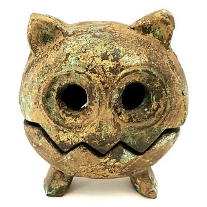 Vtg MCM Japanese Heavy Cast Metal Gold Gilt Owl Candle Incense Burner Holder 