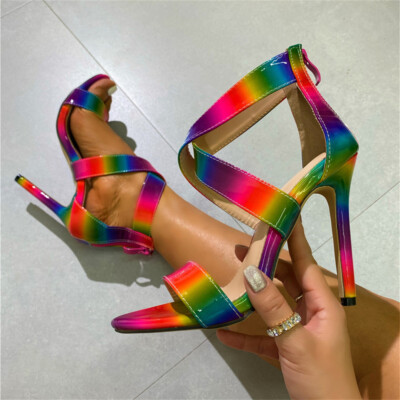 Rainbow Color Sandals Women's Stiletto Heels Cross Strap Back Zip Evening  Shoes | eBay