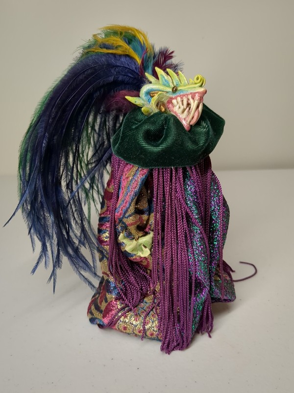 Vintage Ceramic, Velvet, Feather Unique Dragon Hand Puppet Artist Handcrafted