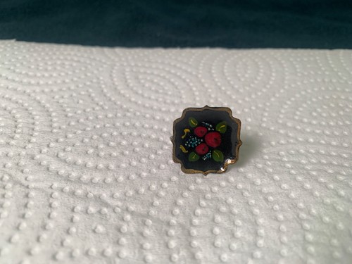Vintage Hand Painted Floral Mini Toleware Tray Broach Pin 2”x1.5" & earring set - Picture 10 of 17
