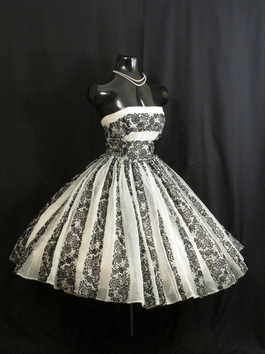 1950s white prom dress retro tea length dresses Retro 50s Strapless Lace Tea Length White Tulle Dress Size 10 / White