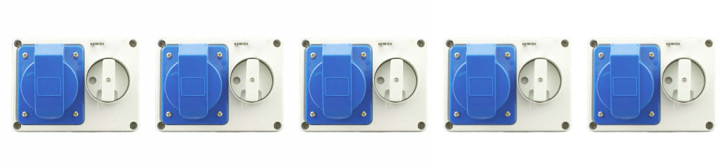 5 x Gewiss GW66015 Wall Mounted Sockets with interlock 32a Two Pin & Earth Blue