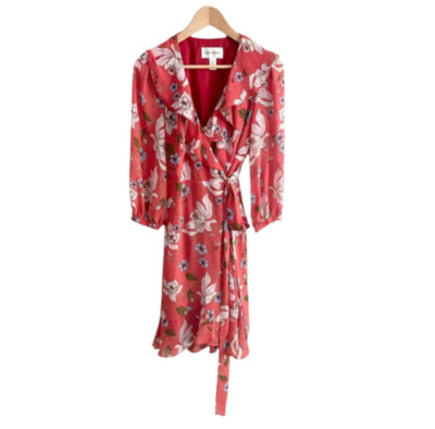 Donna Morgan Wrap Dress Ruffle Floral Burnt Orange Ruffled Midi Dress Size 2