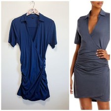 MONROW Jersey Shirred Waist Wrap Dress Blue Collared Women’s S Small