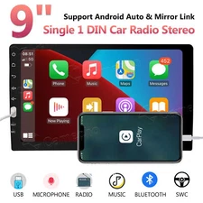 Apple CarPlay Android Auto Touch Screen 9" Single 1DIN Car Stereo Radio Mic FM