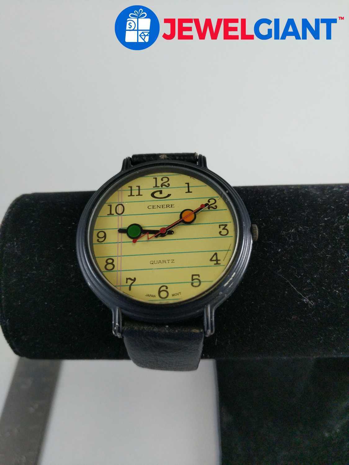 CENERE LEATHER STRAP WATCH 9" YELLOW PAPER DIAL NEEDS NEW BATTERY #cm449