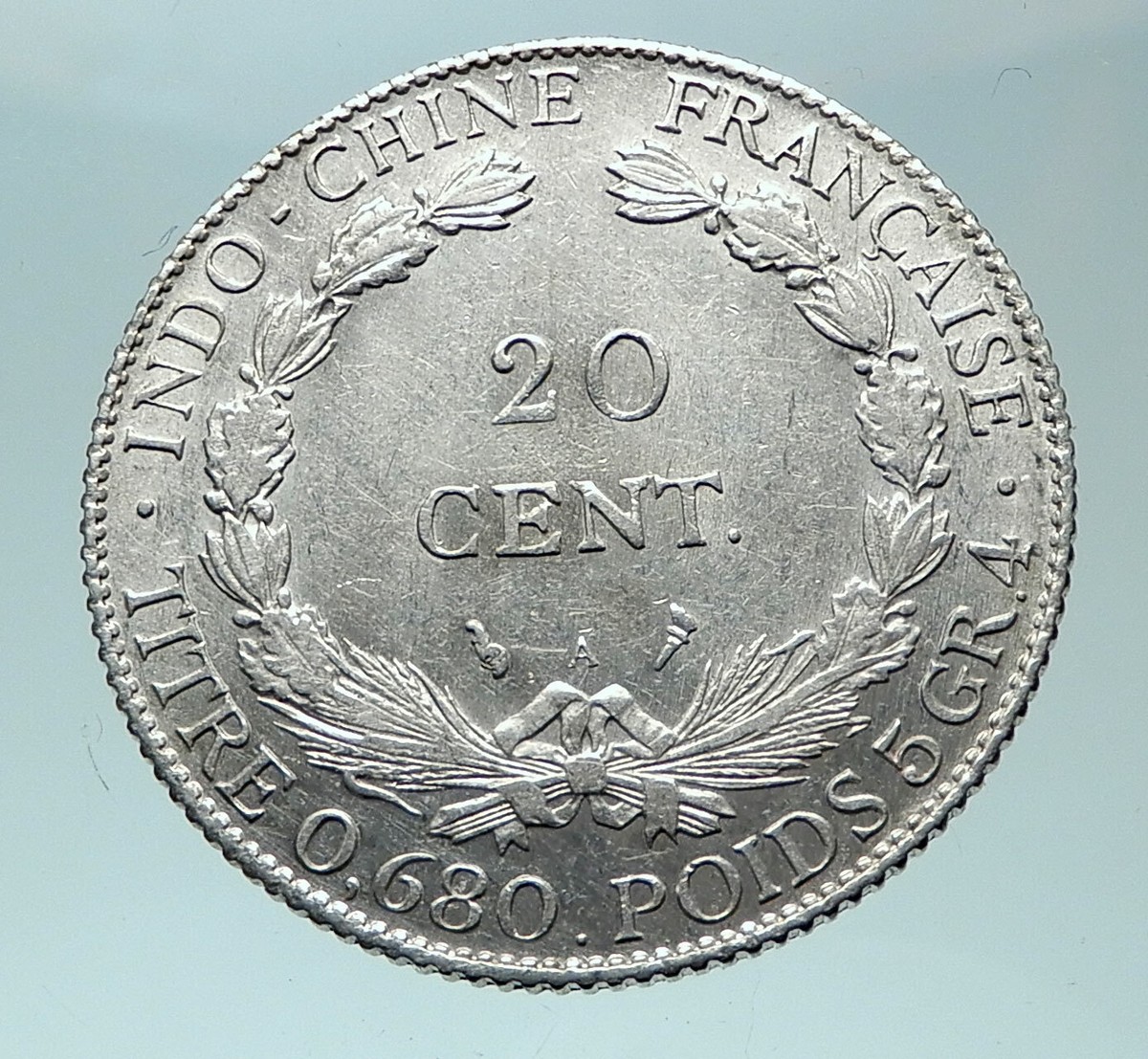 1921 A FRENCH INDO-CHINA Genuine OLD Silver 20 Cent Coin France