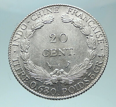 1921 A FRENCH INDO-CHINA Genuine OLD Silver 20 Cent Coin France