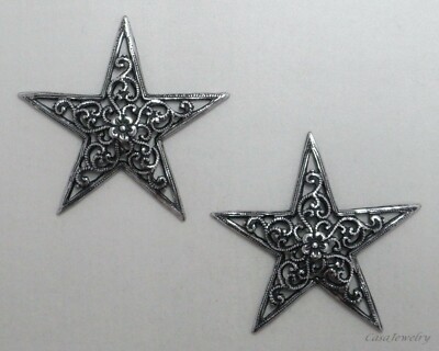 #3467 ANTIQUED .925 STERLING SILVER PLATED FILIGREE 5 POINT STAR - 2 Pcs