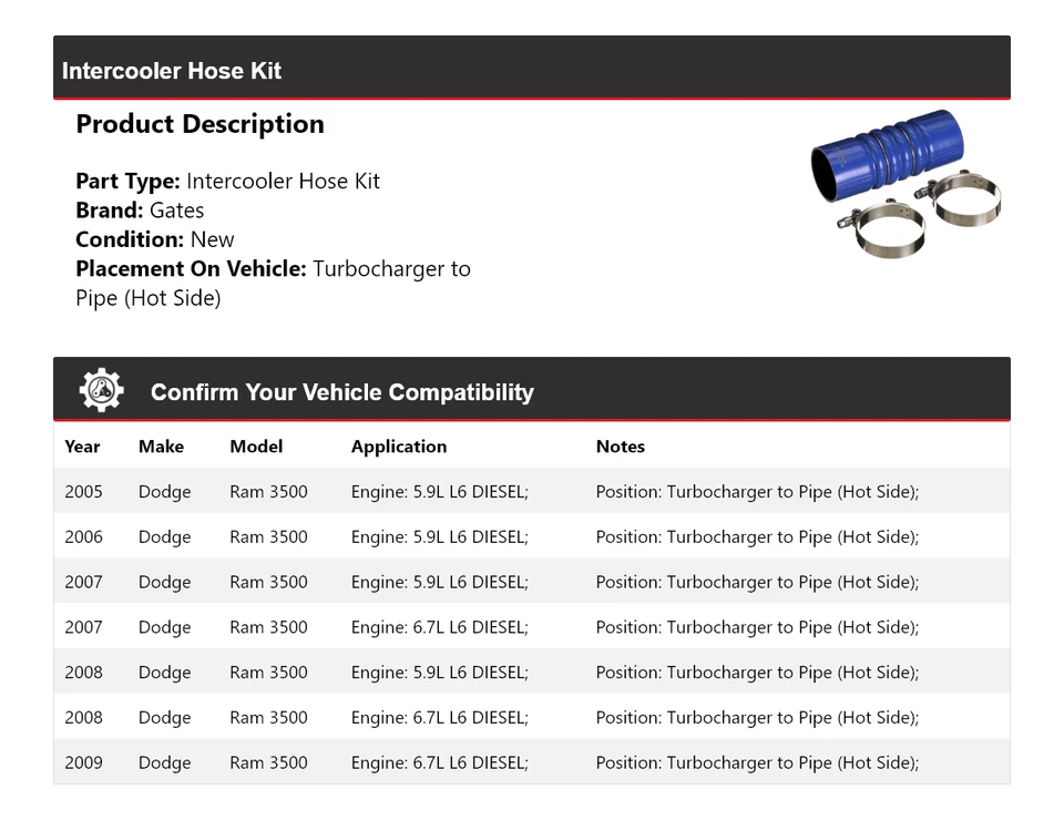 Kit de manguera intercooler puertas para Dodge Ram 3500 2005-2009 2006 2007 2008 Foto 2 de 3