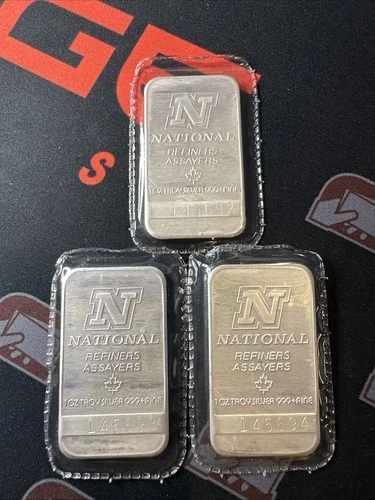 (3) Bar Lot Vintage 1 Troy Oz .999 Fine Silver National Refiners Sequential (92)