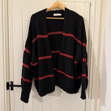 Sarta Made In Italy Open Front Black and Red Striped Knit Cardigan One Size 